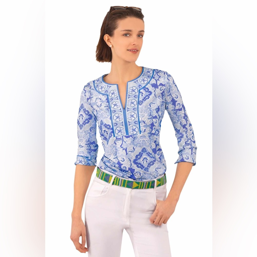 Gretchen Scott Designs Blue and White Patterned Split neck Blouse